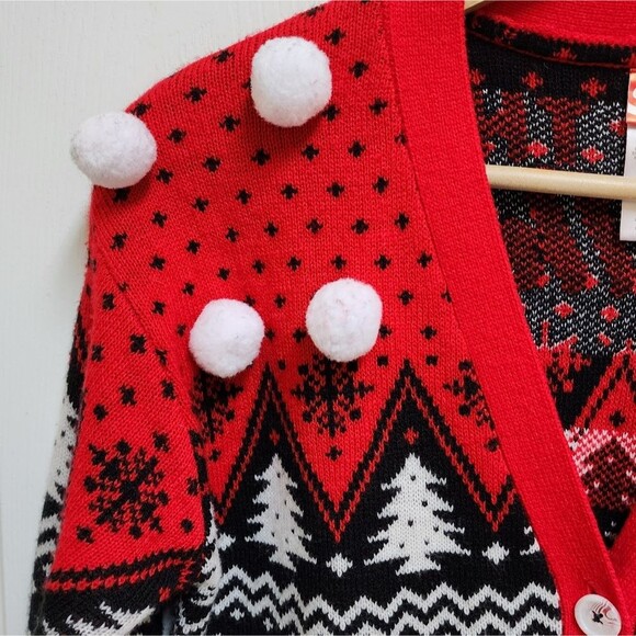 Coca Cola Cardigan Sweater XS Red Black White Bears Real Thing Pom Poms Novelty - Picture 11 of 12
